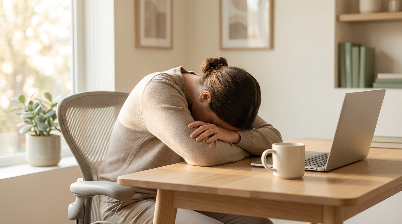 Personne fatiguée devant un bureau, illustrant les signes d'épuisement professionnel et de burn-out