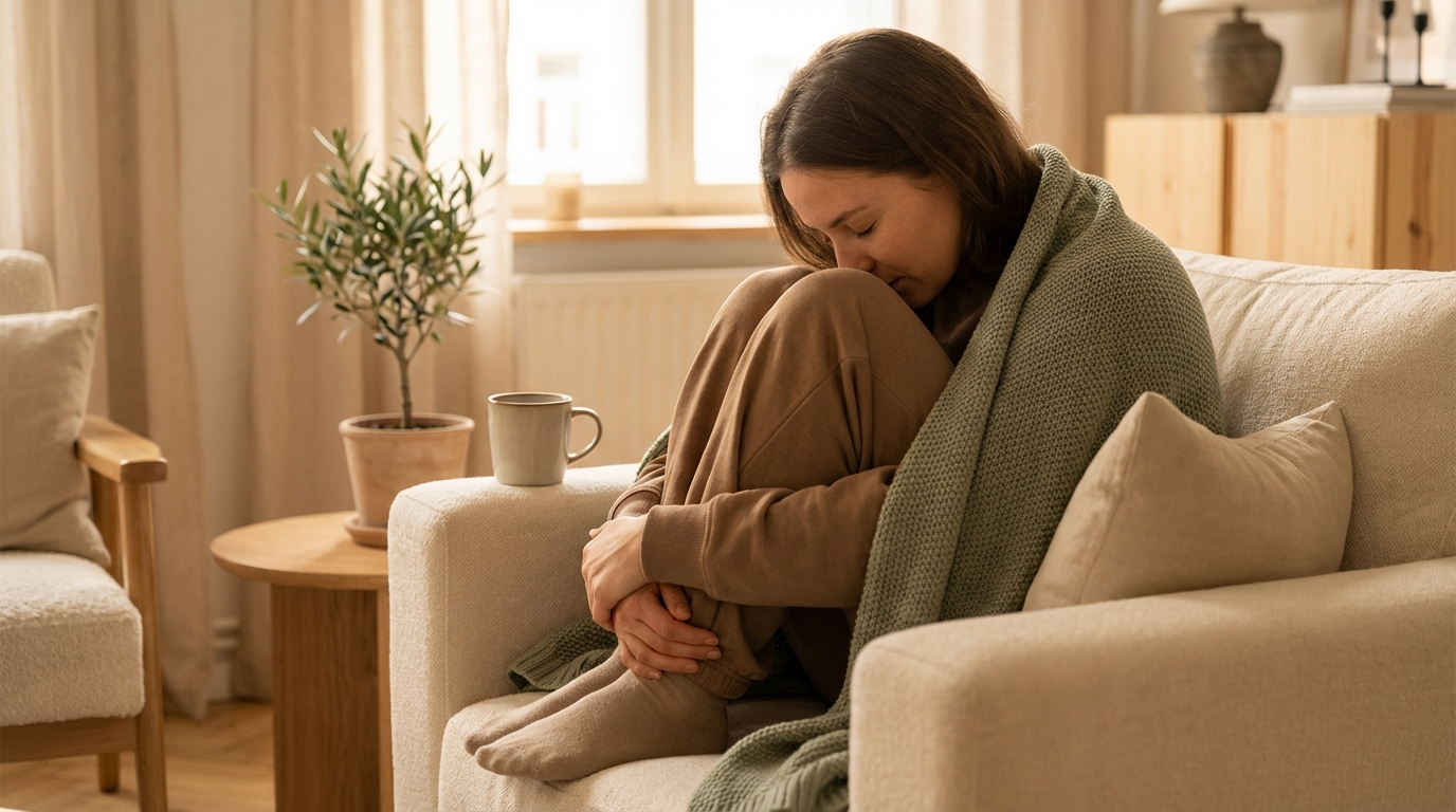 Personne assise en position repliée dans un espace calme, symbolisant l'anxiété et le besoin de retrouver un apaisement intérieur